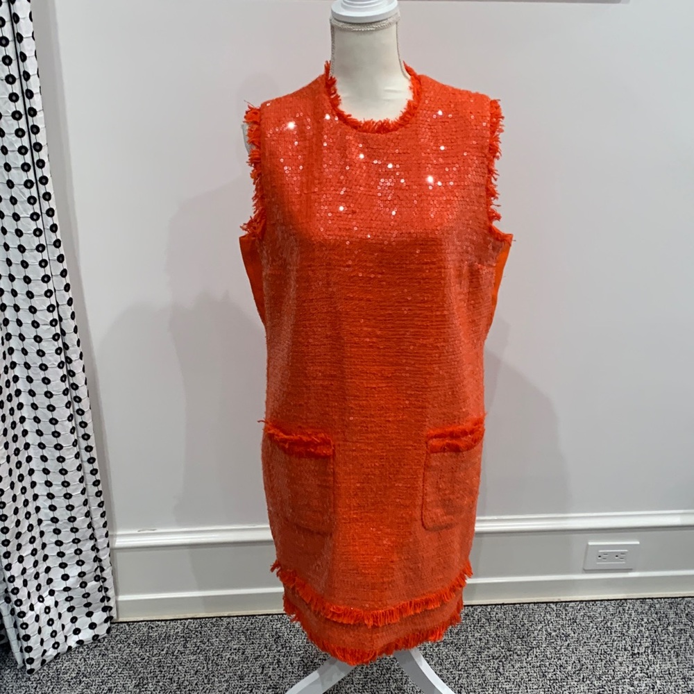 MSGM Sleeveless Orange Sequin Tweed Shift Dress. Size 42